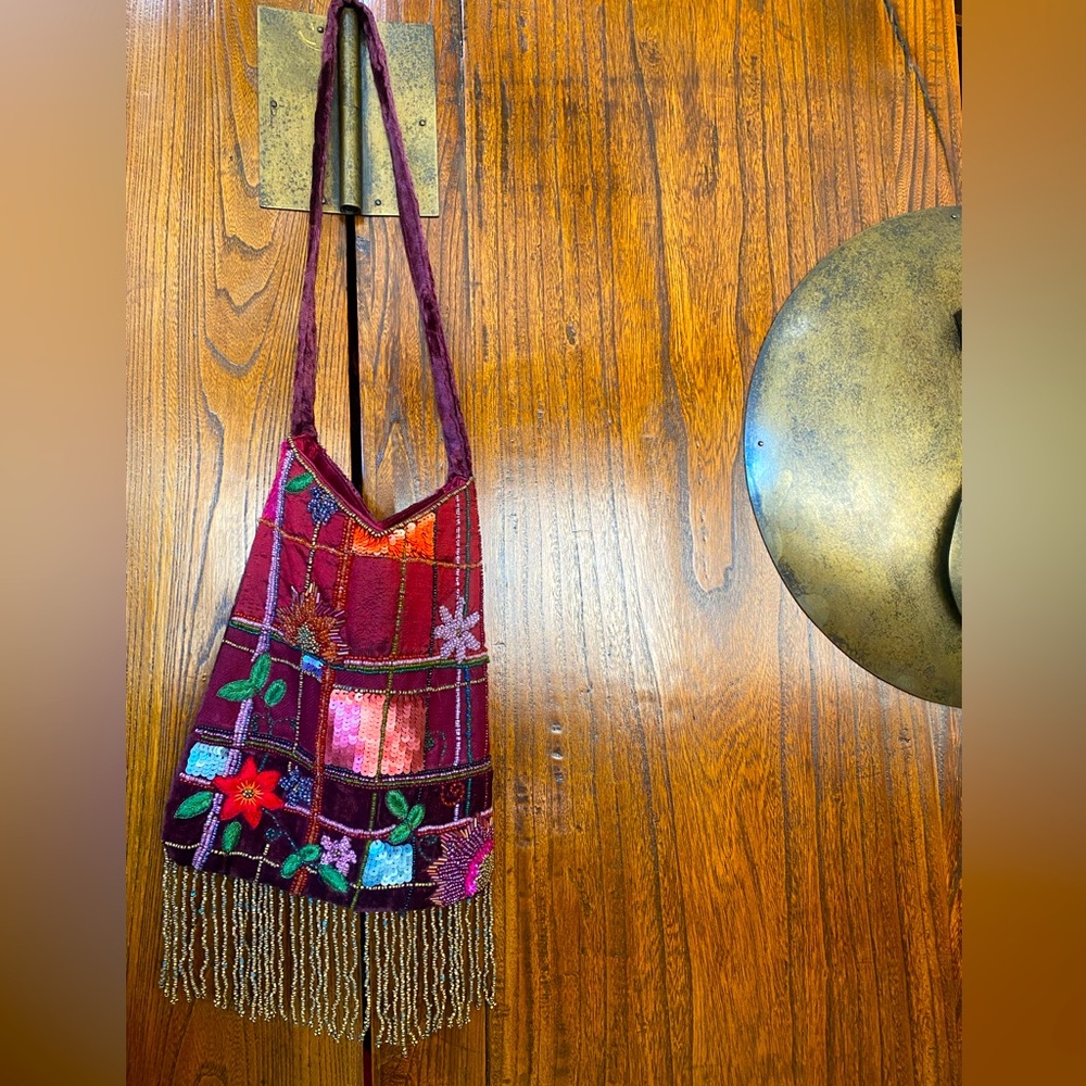 Accessorize Burgundy Beaded Patchwork Crossbody Bag